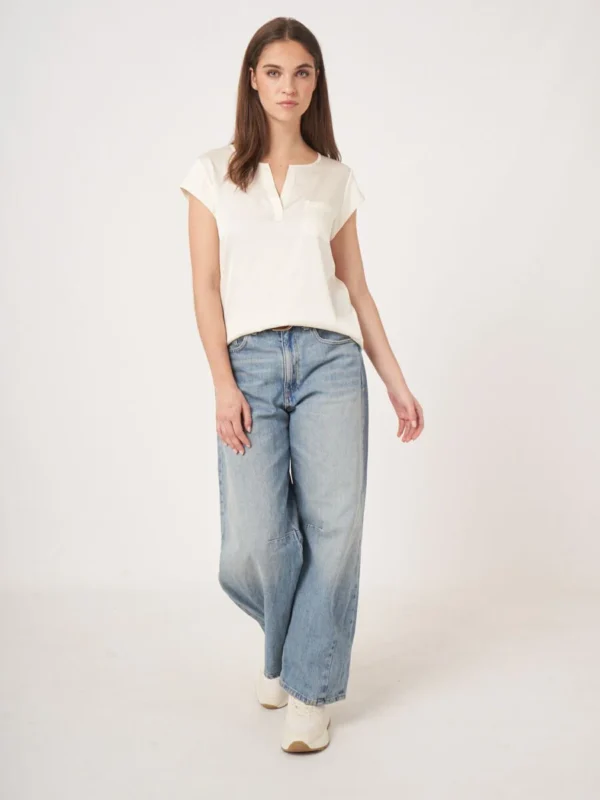 Repeat Cashmere - Short-Sleeved Silk Top With Pocket Cream