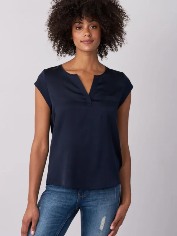 Repeat Cashmere - Short-Sleeved Silk Top With Pocket Navy