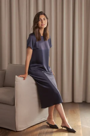 Original Story - Short Sleeved Satin Shirt Dark Navy