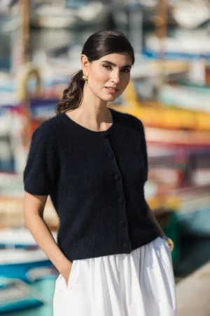 Original Story - Short Sleeved Cashmir Cardigan Navy