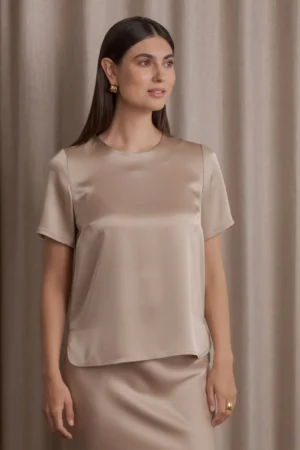 Original Story - Short-Sleeved Satin Shirt Latte