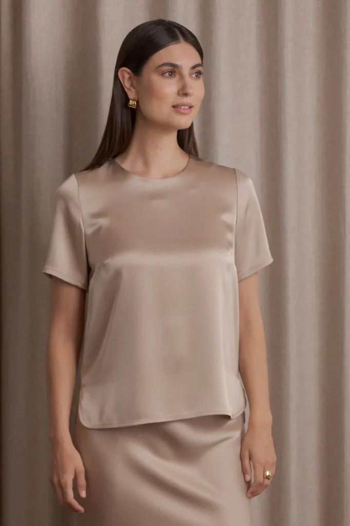 Original Story - Short-Sleeved Satin Shirt Latte