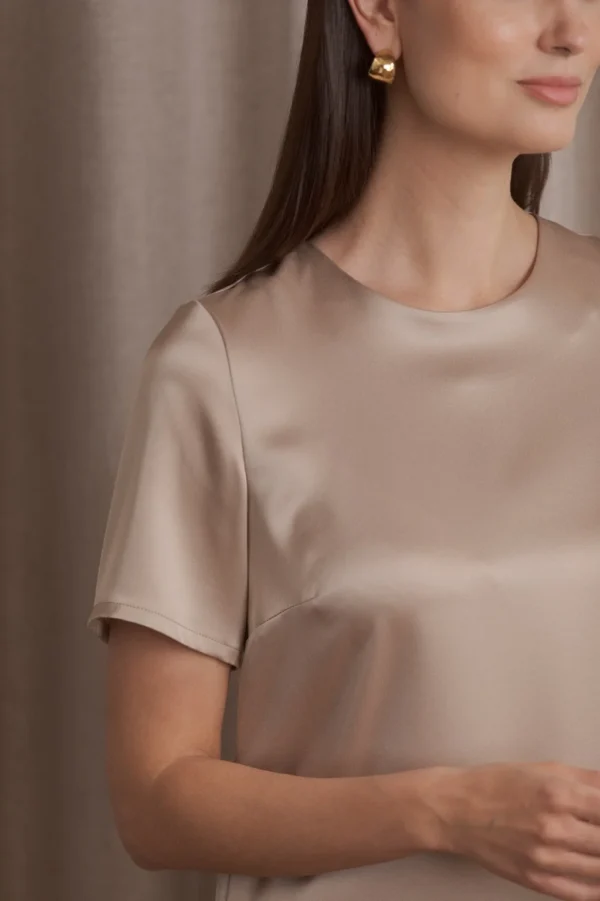 Original Story - Short-Sleeved Satin Shirt Latte