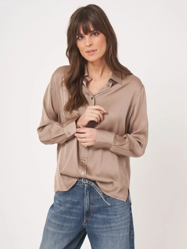 Repeat Cashmere - Silk shirt with slide slits Sand