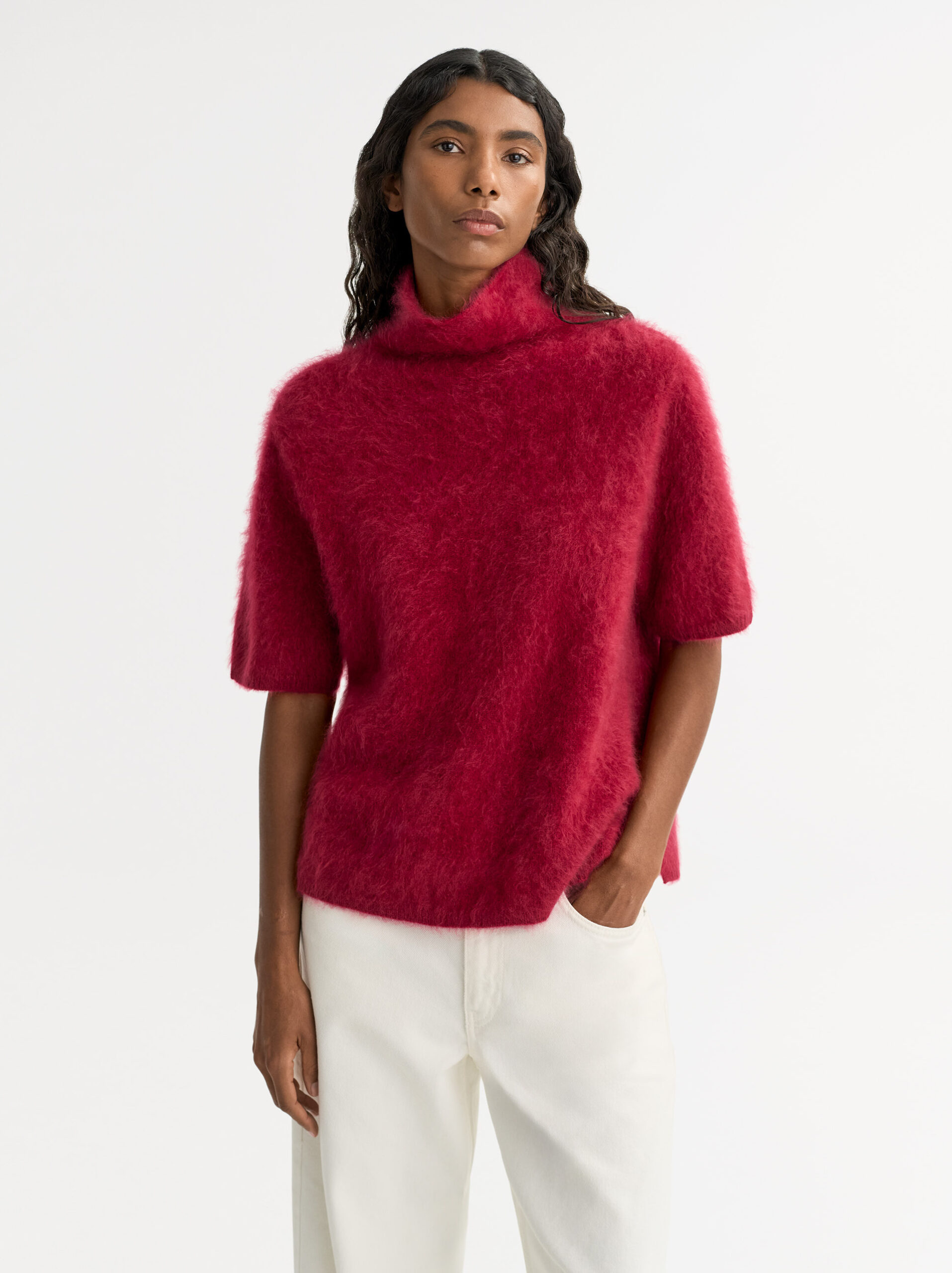 Soft Goat - Brushed Short Sleeve Turtleneck Dahlia