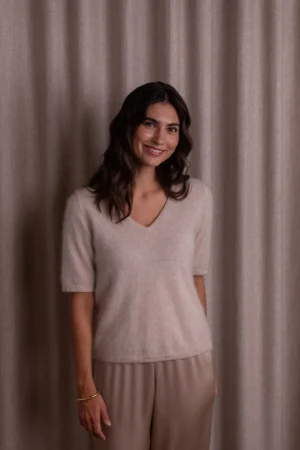 Original Story - Short-Sleeved Cashmir Sweater With V-Neck Latte