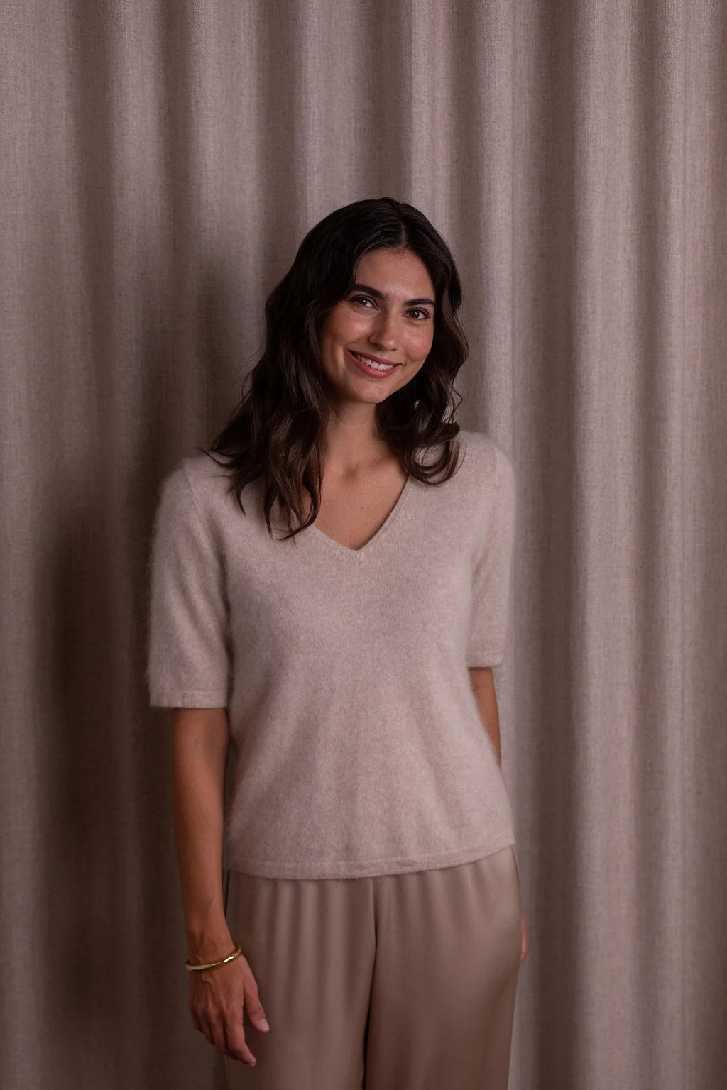 Original Story - Short-Sleeved Cashmir Sweater With V-Neck Latte