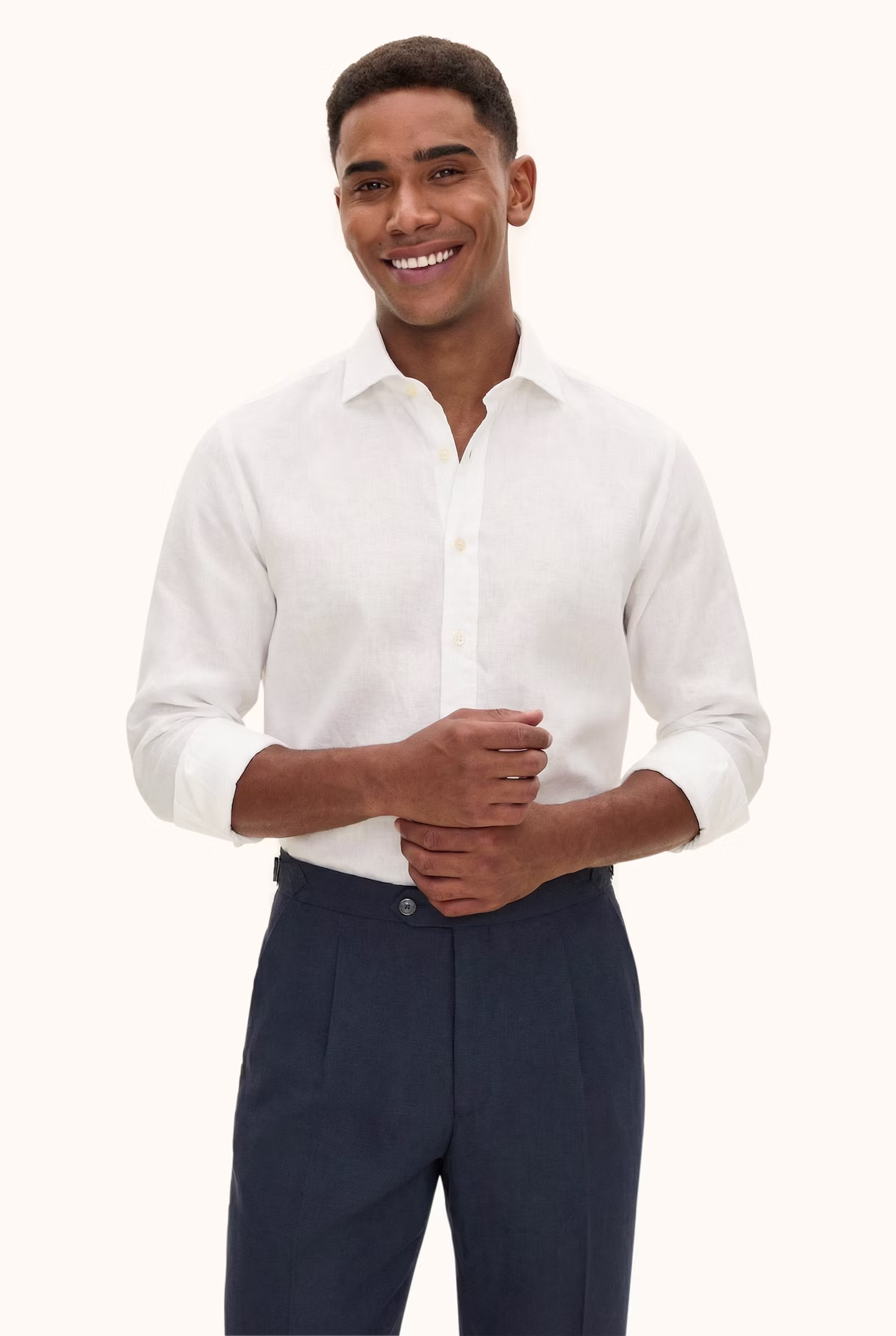 Oscar Jacobson - Regular Fit Cut Away Linen Shirt White