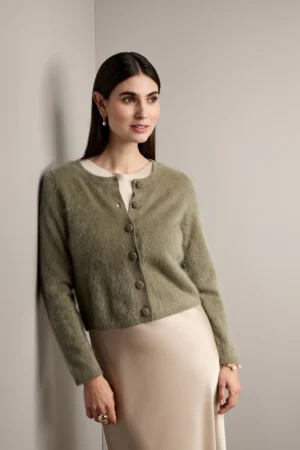 Original Story - Long Sleeved Cashmere Cardigan Light Olive