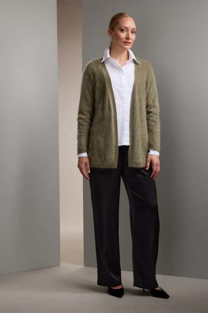 Original Story - Long Brushed Cashmere Cardigan With Belt Light Olive