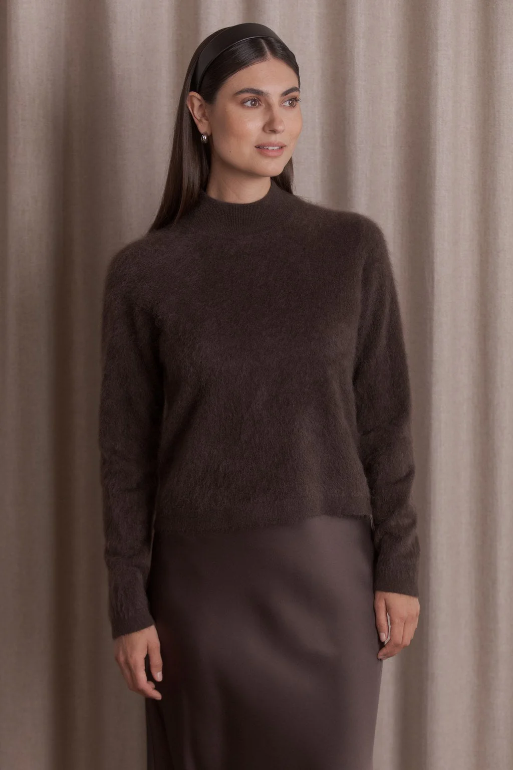 Original Story - Long Sleeve Brushed Mock Neck Sweater Dark Chocolate